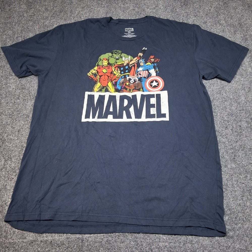 Rare MARVEL  LOGO CAST Mens 2XL Navy Blue T Shirt Excellent Condition‎